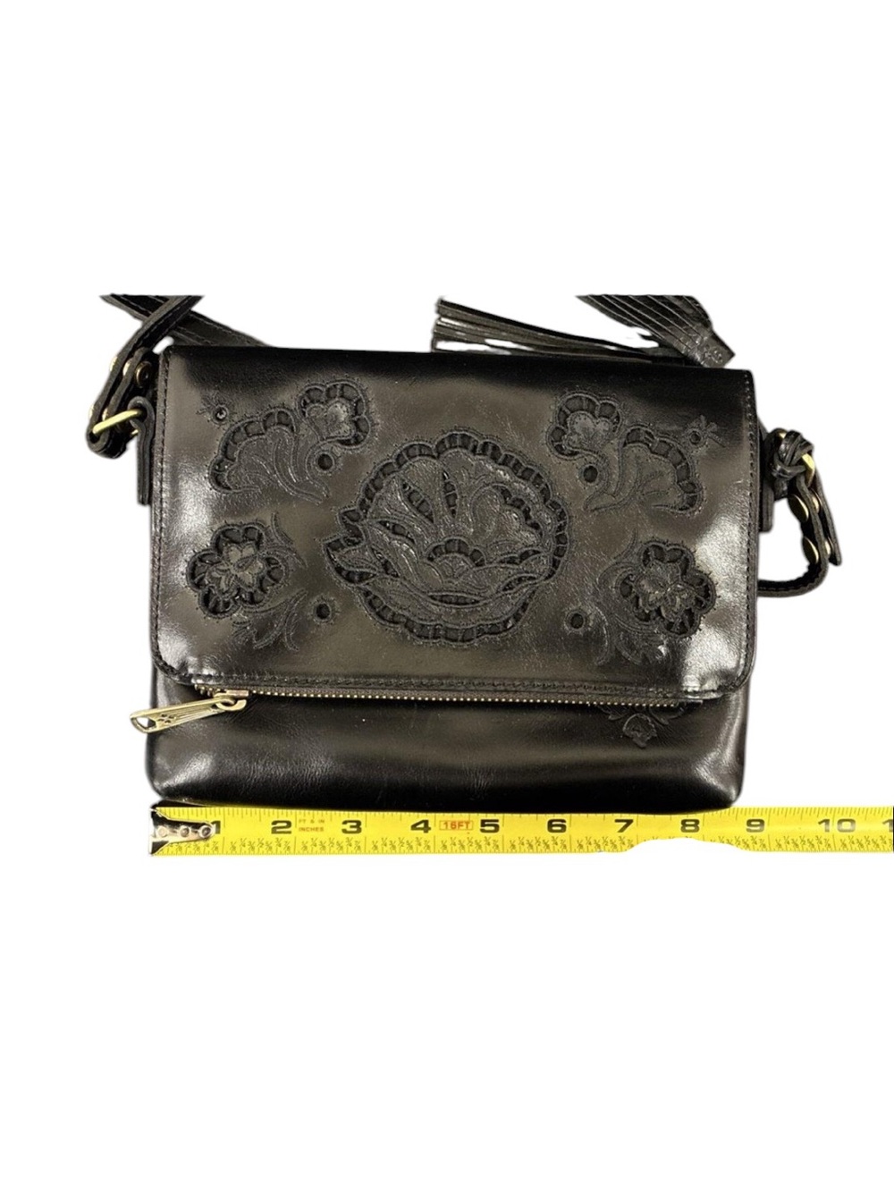 Patricia Nash Black Corfu Leather Crossbody Bag Tooled Lace Floral Purse OS - Picture 10 of 10